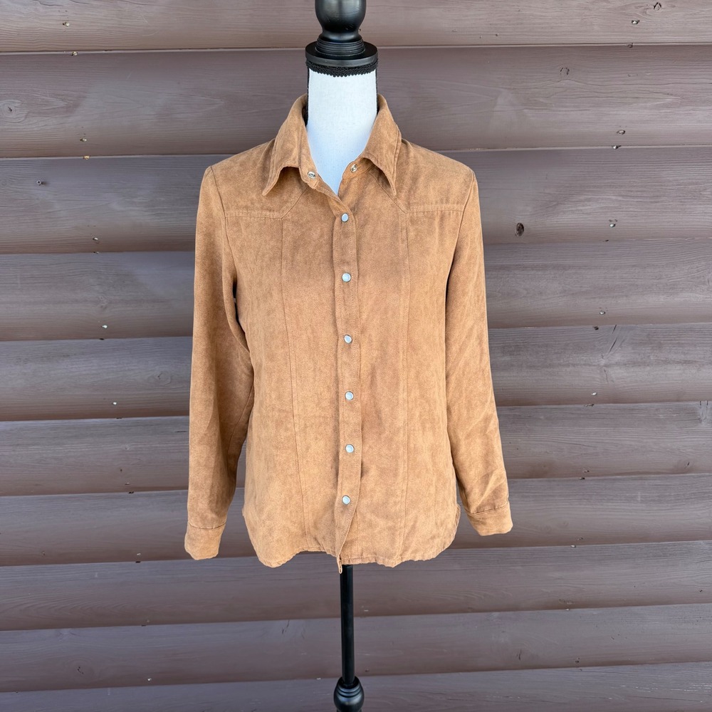 Vintage Claudia Richard Women's M Faux Suede Western Shirt Pearl Snap Brown